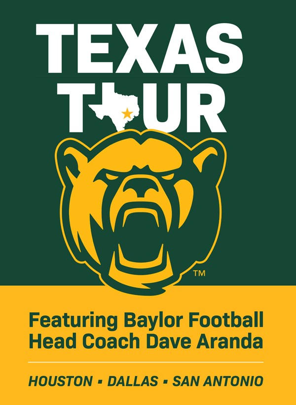 Graphic Text "Texas Tour Featuring Baylor Football Head Coach Dave Aranda, Houston, Dallas, San Antonio"