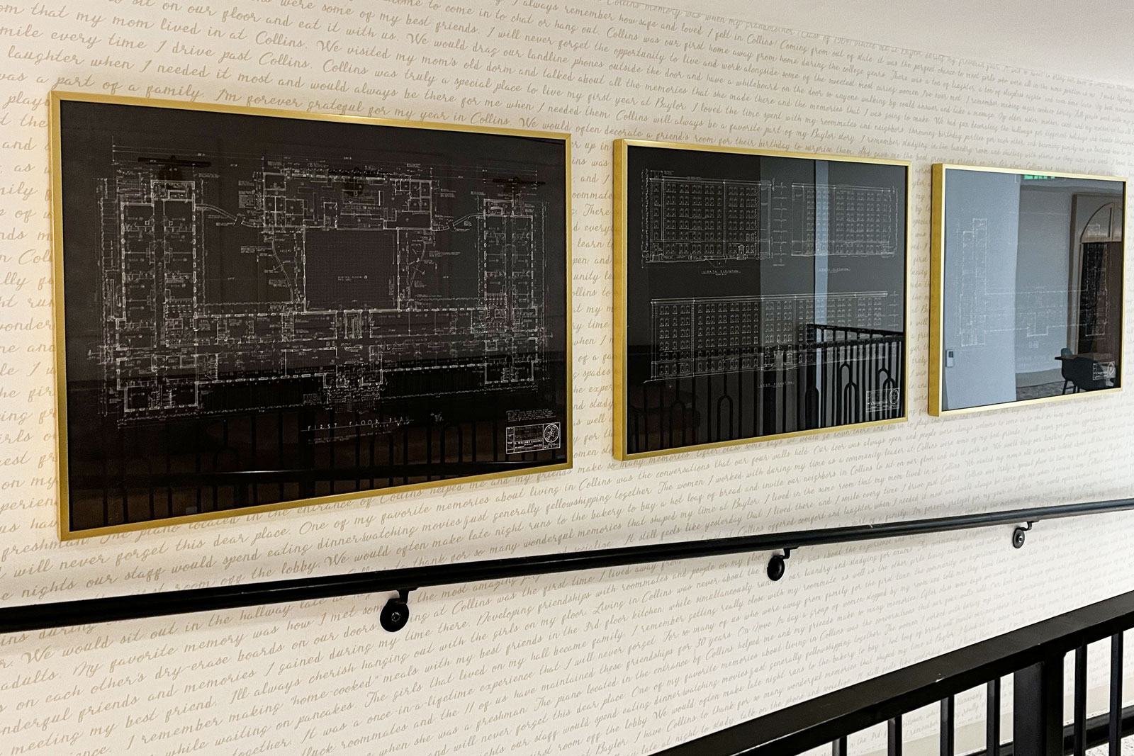 Memories of previous residents at Collins are preserved in the inscriptions printed on wallpaper displayed with the original blueprints of the building.