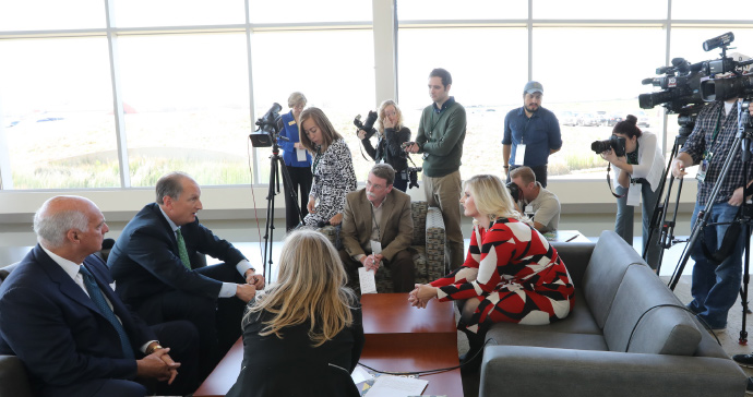 Two of the non-regent members of the special independent Governance Review Task Force--Douglas Y. Bech, BA '67, CEO and owner of Raintree Resorts, and Task Force Chair Gregory D. Brenneman--meet with media after the February Board meeting.