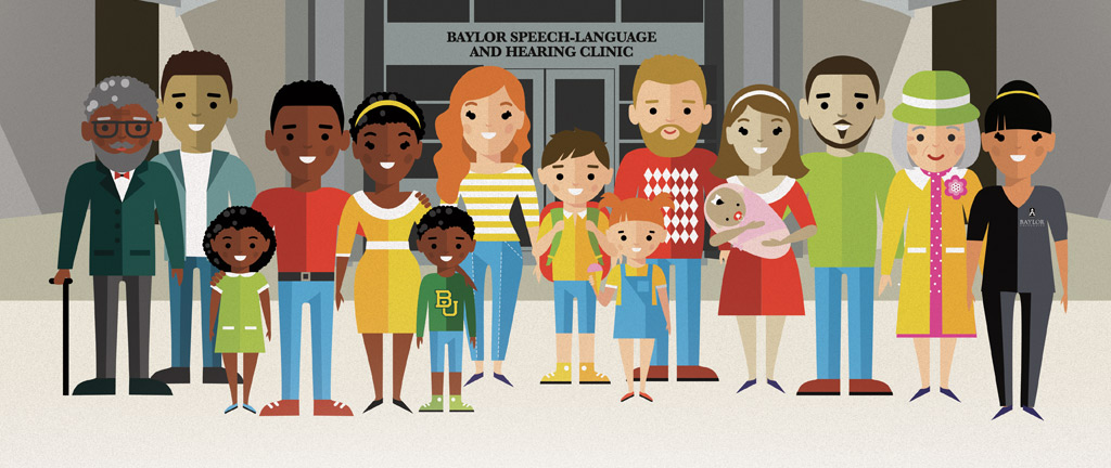 illustration of people in front of Baylor Speech-Language and hearing clinic