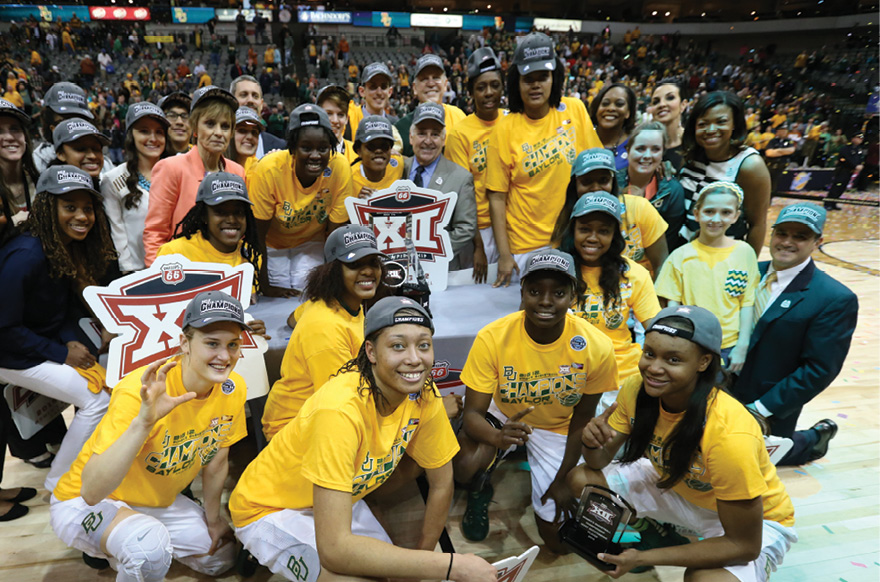 Coach Mulkey and Lady Bears basketball players 