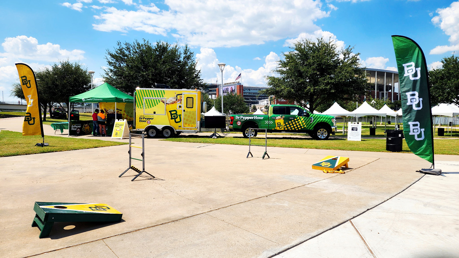 Dr Pepper Hour Tour truck and trailer set up outside of McLane Stadium at Baylor University