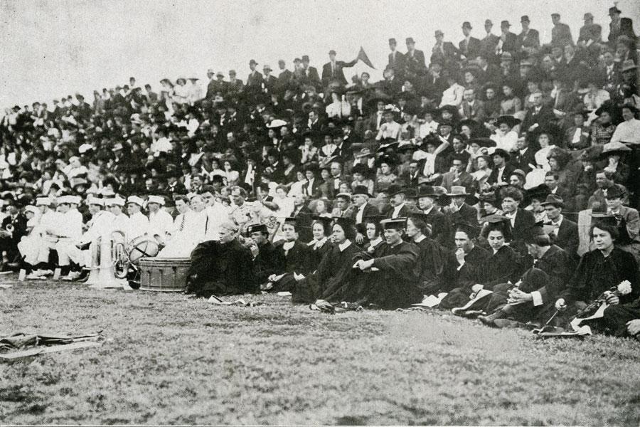 Historic black-and-white photo of spectators gathered around an early Baylor football field.