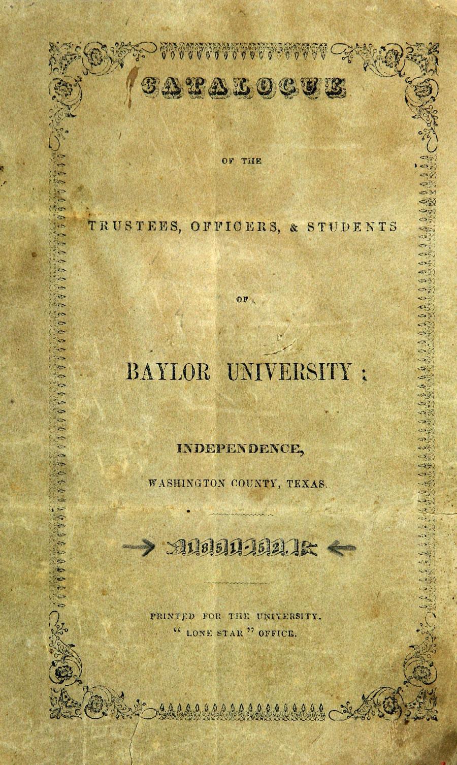 Cover of an early Baylor University catalog from the Independence, Texas era.