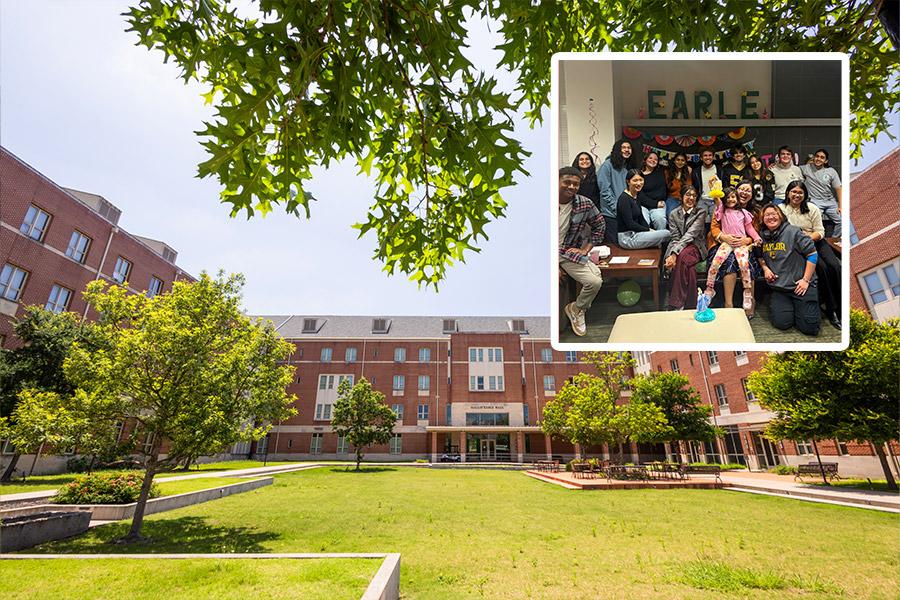 An exterior photo of Earle Hall, inset with a photo of Faculty-in-Residence Dr. Karenna Malavanti and some residents.